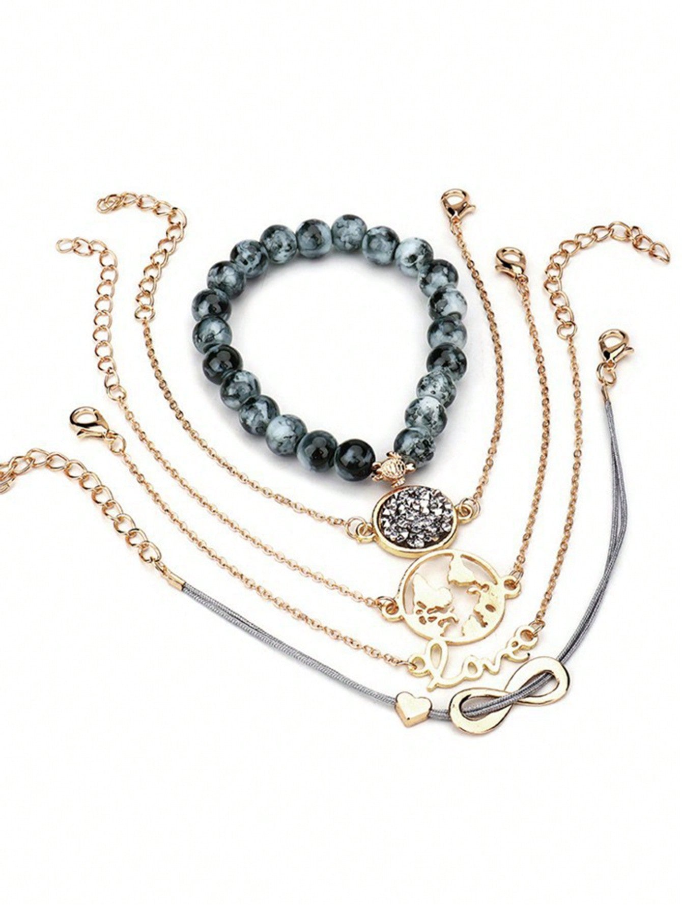 Stellar Charms Bracelet Collection: 6-Piece European & American Style Gray Beaded Set