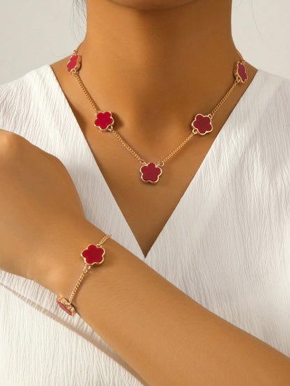 1pc Metallic Sweet Flower Decor Bracelet & 1pc Necklace Set