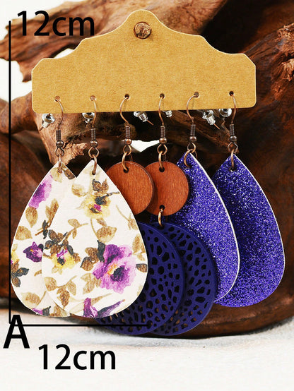 3pairs Geliti Light And Soft Leather Flower And Spring Flower Earrings