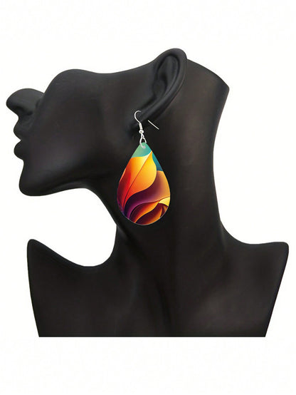 Double Sided Rainbow Print Water Drop Wooden Hook Earrings