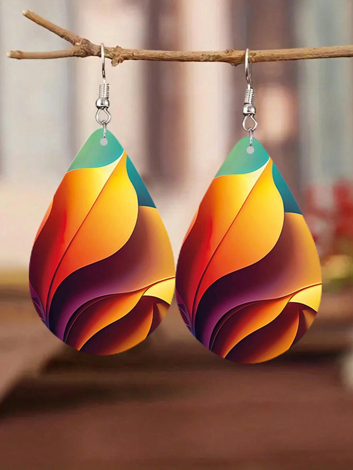 Double Sided Rainbow Print Water Drop Wooden Hook Earrings