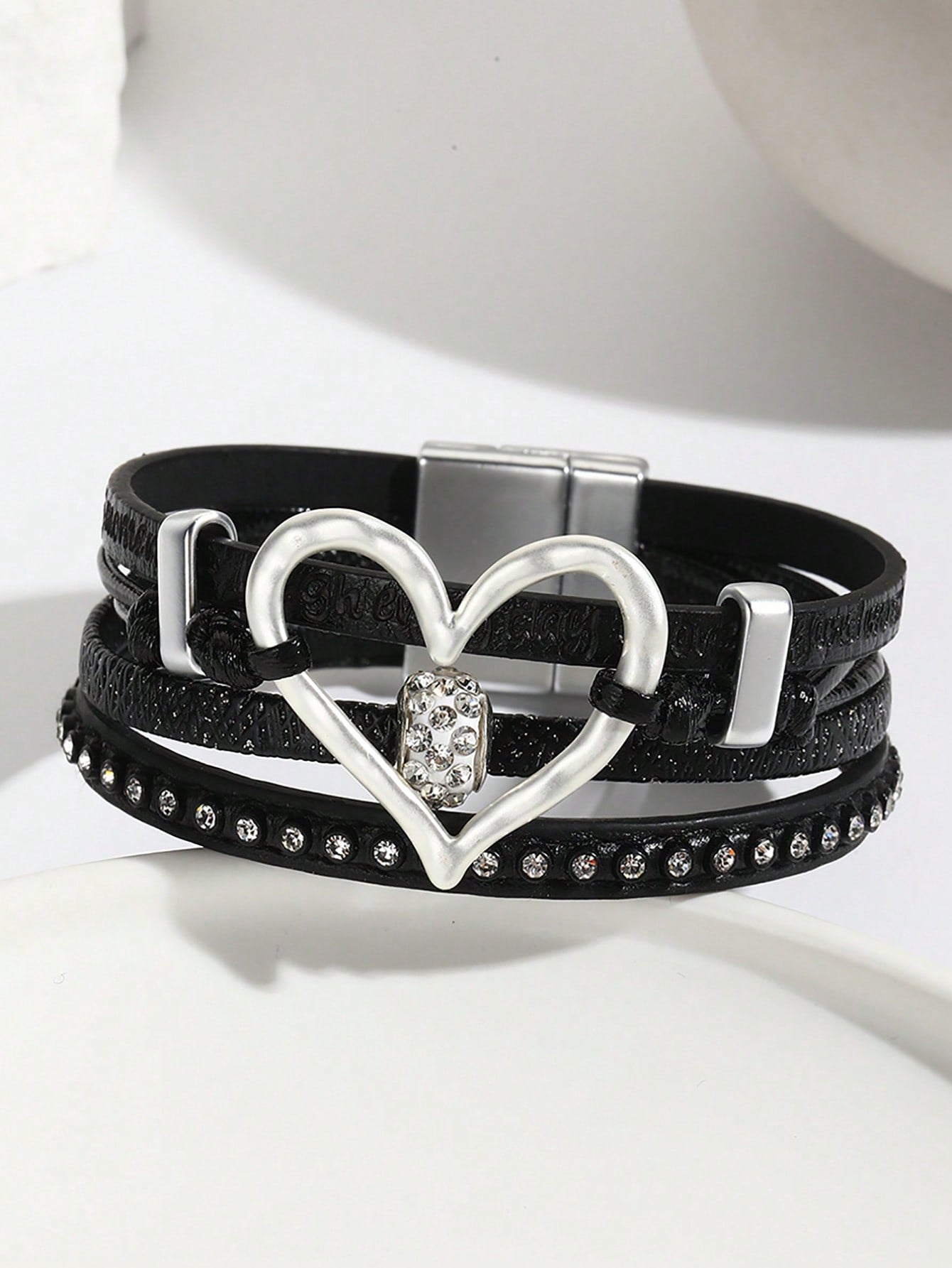 1pc Bohemian PU Polyurethane Cubic Zirconia & Heart Decor Layered Bracelet