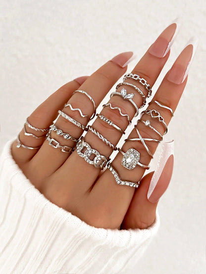 23pcs Luxury Light Eye & Pearl & Rhinestone & Multi-element Ring Set